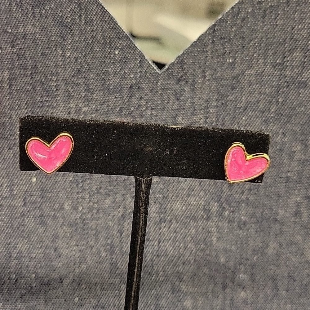 Pink Enamel Gold Tone Heart 1/4" Earrings